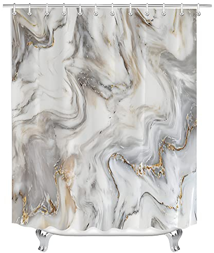 Lerores Tenda da doccia 240 x 180 cm, in marmo grigio-giallo, con orlo appesantito, antimuffa, impermeabile, lavabile, in poliestere, con 16 occhielli e anelli per tenda da doccia, per bagno, vasca da