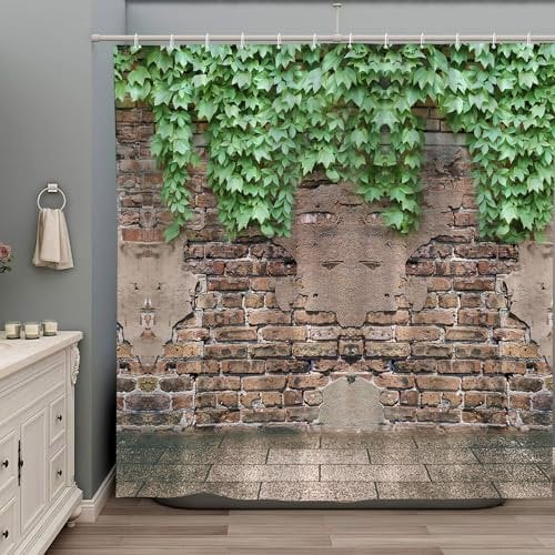 ZZYSKS Stone Brick Wall Green Leaves Shower Curtain Garden Landscape Nature Plant Scenery Rustic Marble Rocks Stone Wall Bathtub Curtains Fabric Bathroom Accessories with Hooks 70Wx70H Inch