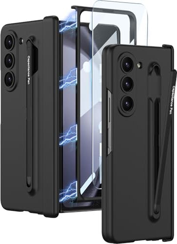 Wibrthz Coque pour Samsung Galaxy Z Fold 5 avec S Pen Support & S Pen,Coque de Luxe avec Protection de la Charnière Magnétique et Protection D'écran, Dur PC Antichoc Housse(Noir+Stylo Noir)