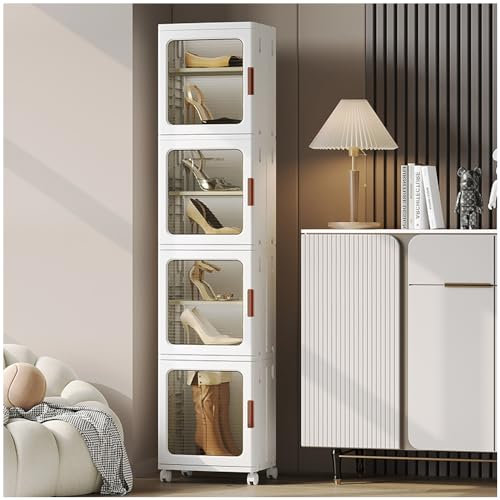 SINBINTA Badezimmer-Aufbewahrungsschrank, freistehend, schmal, Badezimmer-Aufbewahrungseinheit, schmal, hoch, Kunststoff-Vitrine mit Rädern, für Wohnzimmer, Küche, Flur (4 Ebenen)
