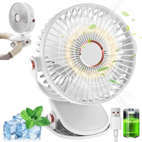 MUXIWOM Ventilateur Pince Petit Ventilateur de Bureau, 5000mAh Mini Ventilateur USB Silencieux, 5 Vitesses Rotation 720°, Ventilateur Portable Rechargeable pour Bureau Maison Camping(Blanc)