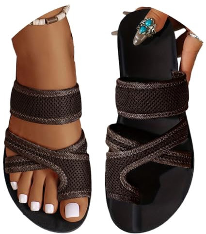 Onsoyours Sandales Plates Femme Été Hallux Valgus Tongs Confortable Maille Nu Pieds Bout Ouvert Chaussures Vintage Sandales Pantoufles de Plage Vacances Slippers B Café 39 EU
