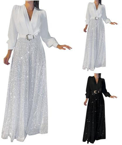 Damen Overall mit Pailletten Eleganter Glitzer Jumpsuit Party Einteiliges Outfit Hosenanzug Sale Playsuit mit Gürtel Romper Frauen Casual Sexy V-Ausschnitt Langarm Weites Bein Sommerhose Strampler
