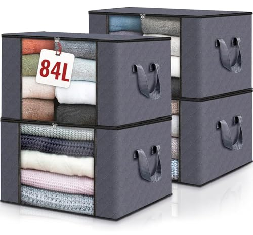 edihome, Scatole per Armadio, (4 unità), Contenitori Sottoletto, Salvaspazio, in Tessuto, Pieghevole, Scatole Vestiti Cambio Stagione (Grigio scuro, Pack di 4)