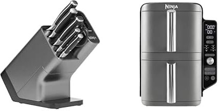 Bloc-couteaux Ninja Foodi StaySharp avec Affûteur, 6 Pièces Aiguisés, en Acier Inoxydable, K32006EU + Ninja Double Stack XL Friteuse sans huile, friteuse verticale à 2 tiroirs, SL400EU