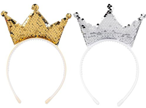Giantree Pailletten Krone Stirnband, 2 Stück Krone Geburtstag Mädchen Haarreif mit Krone Pailletten Haarreifen Prinzessinnen HaarbäNder Mädchen Geburtstag Weihnachten (Gold+Silber, Einheitsgröße)