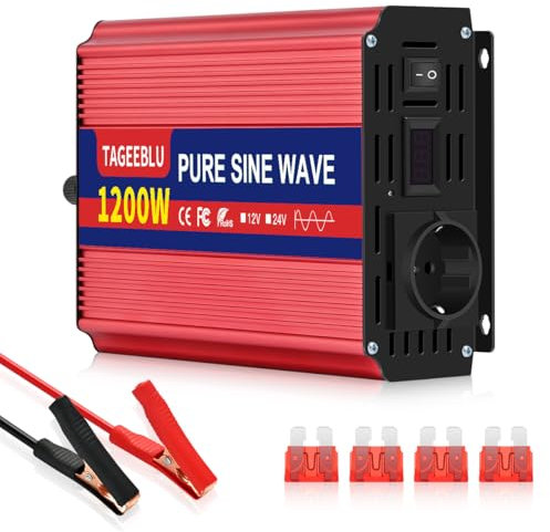 TAGEEBLU 1200W Reiner Sinus Wechselrichter DC 12V auf AC 230V Spannungswandler, Wechselrichter für Fahrzeuge mit Alligatorclip, 1 AC Steckdose und LCD Bildschirm
