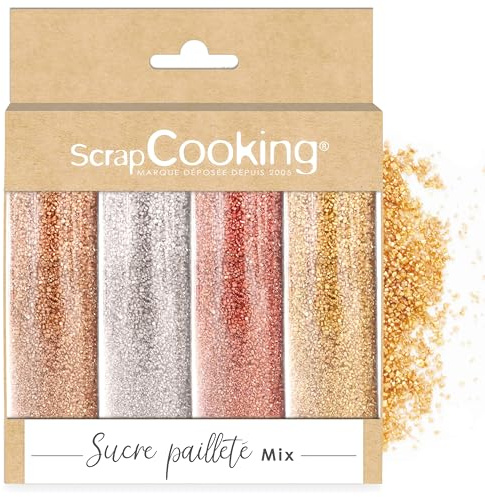 ScrapCooking - Mix 4 Sucres Pailletés - Or, Argent, Rose Doré & Rubis - Paillettes Sucrées Dorées Argentées - Poudre Alimentaire Comestible - Décorations Brillantes pour Pâtisseries - 4807