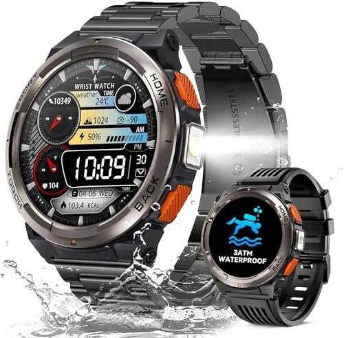Reloj Inteligente Hombre con LED Linterna, 1,45'' 3ATM Impermeable Smartwatch Militar Hombre con Llamadas Bluetooth, Brújula, Altitud, Barómetro, Smartwatch Hombre con SpO2/Pulsómetro/para iOS Android