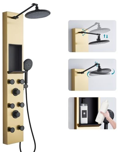 KEOKBON Gold 3 in 1 Duschpaneel mit Ablage and Höhenverstellbar 20cm Kopfbrause, Duschsäule mit 6 Körperdüsen Handbrause Wanneneinlauf, Duschsystem Duschpaneele Gebürstetes Gold & Schwarz