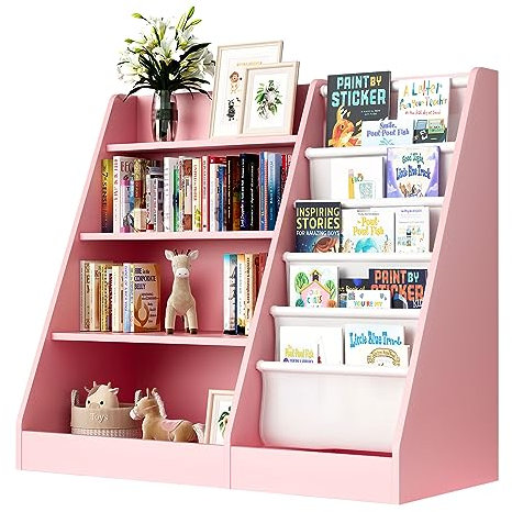 Kinderregal mit 5 Ablage und 4 offenen Fächern, Bücherregal für Kinder Holz, Spielzeugregal, Spielzeug-Organizer für Kinderzimmer, 90x40x80cm, Rosa