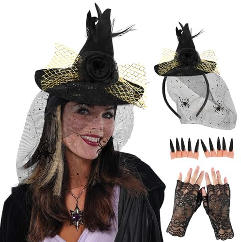 Sexy Hexenhut Haarreif, Hexenhut Haarreif Damen, hexenhut Stirnband mit Schwarze kurze fingerlose Spitzenhandschuhe, Prop Witch Krallen, Accessoire für Ihr hexenkostüm, Hexen Zubehör für Karneval