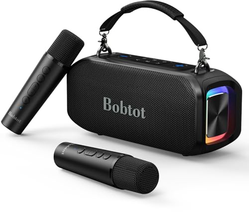 Bobtot Portable Bluetooth Speaker with Wireless Microphone | 40W Peak Outdoor Speaker IPX5 Waterproof with Handle Stereo Loud Sound, 8000mAh Battery, Home & Outdoor Party (With 2 Mics)