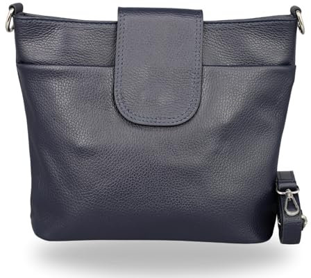 BRISE Umhängetasche Damen Echtes Leder ELLIE Handgemachte Crossbody Bag mit Ledergurt 6 Fächer Wasserdichte Schultertasche Made in Italy (Navyblau - 1)