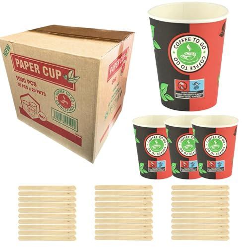 BORNSHINE Lot de 1000-8 OZ (200 ML) - Gobelets en Carton, Gobelets en Papier biodégradables écologiques jetables pour Eau Chaude Froide - inclut des agitateurs en bois pratiques