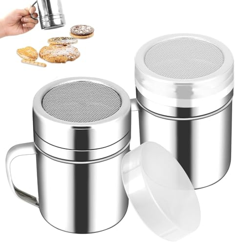 SoeUyd 2 stycken florsockerströare, rostfritt stål pulverströare, mjölströare, kakaoströare för cappuccino, med finmaskigt lock för kakaopulver, för bakning och matlagning, för familjens matsal