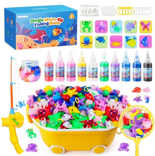 TECJOE Magic Water Elf Toy Kit, DIY Aqua Fairy Water Gel Kit with 10 Molds & 10 Colors, Fishing Game, Includes Storage Case & Display Bottle, Creative Arts & STEM Sensory Toy for Kids