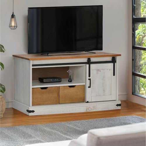 Homgoday Meuble TV Halden avec porte coulissante Blanc 110 x 40 x 60 cm, meuble TV meuble bas pour TV pour table de salon industrielle, support TV salon