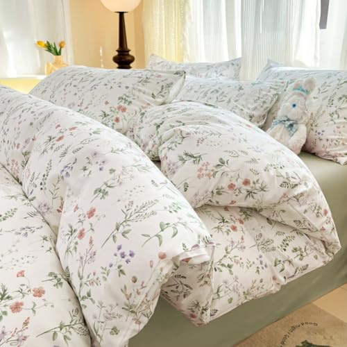 Michorinee Floral Duvet Cover Set Double 100% Cotton Green Pink Chic Flower Plants Botanical White Bedding Set with Zipper Closure and 2 Pillow cases 50 x 75 cm