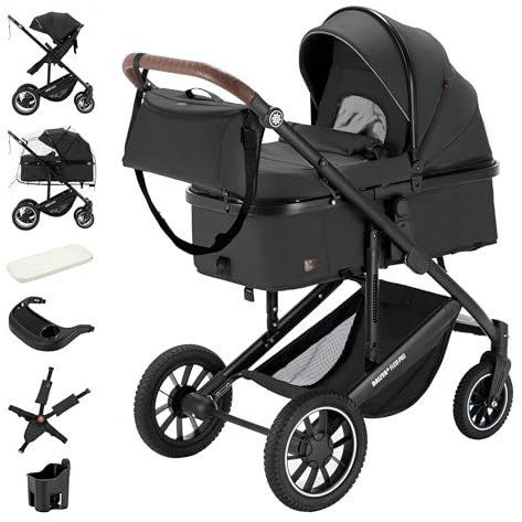 Daliya® FLEXI-PRO M 2in1 Kombikinderwagen & Buggy – XXL-Set, Reise-Kinderwagen mit Einhand-Abnahme, Wetterschutz, Sportsitz, Wickeltasche, Spieltisch, Regenschutz, dicke Matratze (Dunkelgrau Leinen)