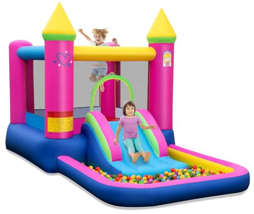 DREAMADE Château Gonflable pour 2 Enfants 3-12 Ans, 363 x 202 x 208 cm, Charge Max. 90 kg, Toboggan Gonflable Princesse, Paniers de Basket, Sac de Transport (avec Gonfleur 450W)