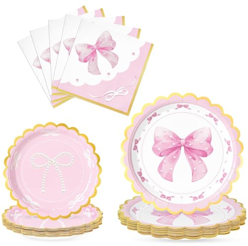 WERNNSAI Pink Bow Party Supplies 48 PCS Bow Plates Napkins Birthday Decor | Sweet Girls Birthday Tableware Set Dessert Party Decorations Pink Theme Celebration Supplies Serves 16 Guests