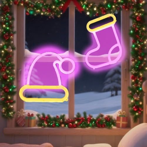 HFHungkeong Weihnachts Neonschild 2Stück, USB oder Batteriebetriebene LED Neonlampen, Weihnachtsfensterbeleuchtung für Kinderzimmer, Wohnzimmer, Laden und Heimdekoration