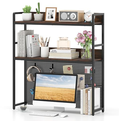 COSTWAY Schreibtischregal Metallrahmen, Tischregal mit Stecktafel, Schreibtisch Aufsatzregal für 32 Zoll Monitore, Bücherregal Aufbewahrungsorganizer rustikalbraun 94 x 27 x 103 cm