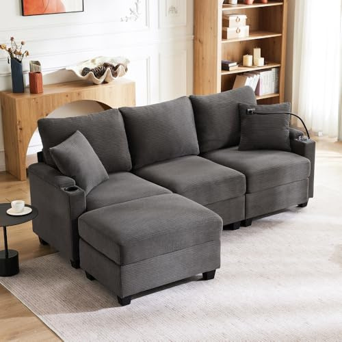 Zepneiy Schlafsofa 3-Sitzer in L mit USB, Ecksofa ausziehbar mit Fußstütze und Getränkehalter, 3-Sitzer-Sofa mit Armlehnenaufbewahrung und 2 Kissen im Wohnzimmer, Büro, Grau