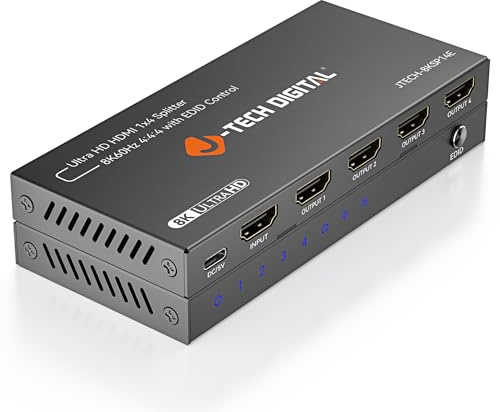 J-Tech Digital 8K HDMI Splitter 1 in 4 Out, HDMI 2.1 1x4 Splitter 8K@60Hz 4K@120Hz 1080P@240Hz, Duplicate/Mirror Screen 3 EDID Modes with Downscaling HDCP 2.3 [JTECH-8KSP14E]