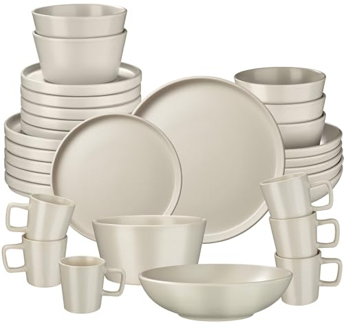 tectake® Set stoviglie 30 pezzi terracotta, servizio piatti 6 persone, set piatti moderni grandi, piccoli, fondi, ciotole, tazze, gres smaltato, design moderno, lavastoviglie microonde - Tortora