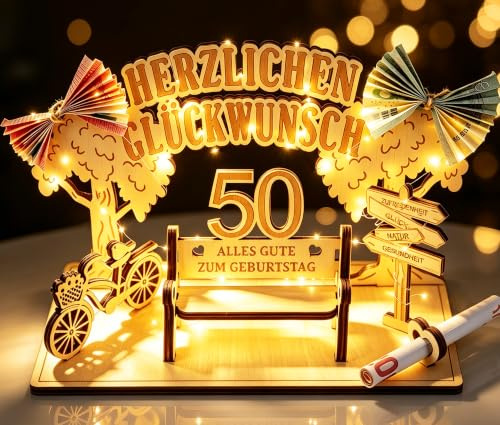 Giftota Originelles Geldgeschenk zum 50. Geburtstag für Frauen & Männer | 50 Geburtstag Deko - DIY Holz-Schild Gästebuch mit LED Lichterkette - Geldgeschenk Fahrrad- Personalisierbares Geschenk