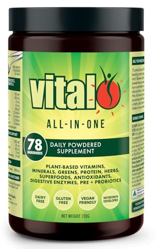 Vital All in One Daily Health Supplement 120GM | Vital Greens, Vegan, 70 Vital Ingredients - Vitamins, Minerals, Greens, Cultures, Digestive Enzymes, Vegetables