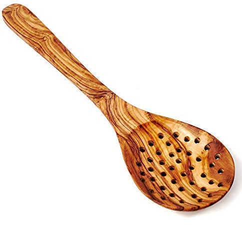 DAS OLIVENHOLZBRETT® Cuchara de cocina, colador con agujeros, 30 cm