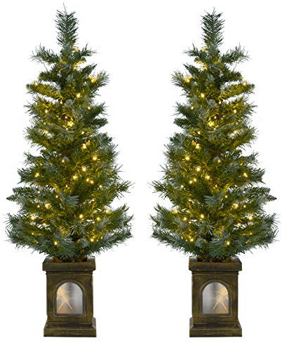 SPARKLES Set of 2 Pre-Lit 4ft (120cm) Frosted Christmas Xmas Pathway Garden Outdoor Trees, Polyester, Neutral, one Size