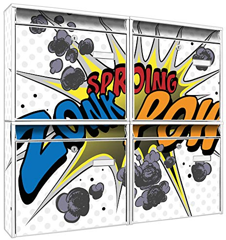 Briefkastenanlage 4 Fach | Postkästen 72x64x10cm groß | verzinkter Stahl weiß DIN A4 Motiv Comic | Briefkasten Set 4 Briefkästen Namensschild, 2 Schlüssel, Montagematerial