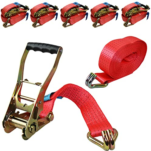 Lot de 5 sangles d'arrimage - 8 m 5 t - 2500/5000 daN KG - En deux parties - 50 mm - Avec cliquet et crochet - Sangles à cliquet - Certifiées TÜV/GS