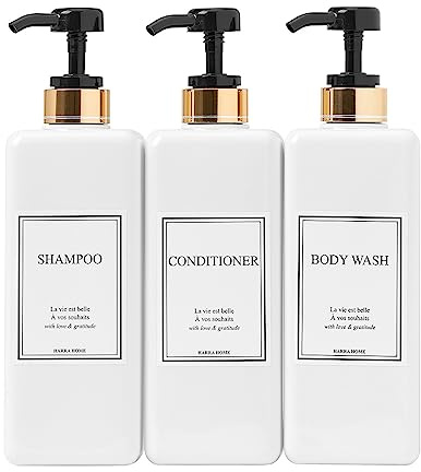 HARRA HOME Modern Gold Design Pump Bottle Set 27 oz Refillable Shampoo and Conditioner Dispenser Empty Shower Plastic Bottles with Pump for Bathroom Lotion Body wash Massage Oils, Pack of 3 (Black)