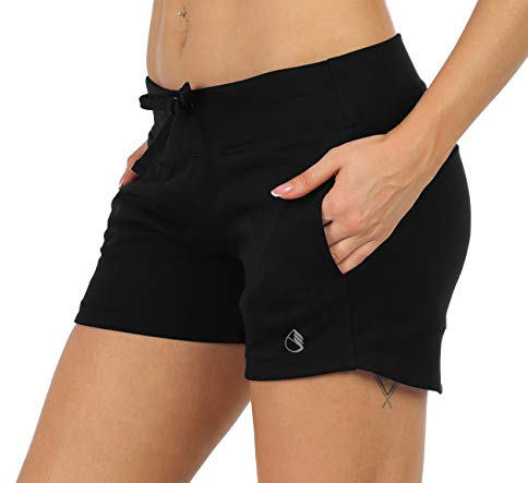 icyzone Damen Sweatshorts Kurze Hose Jogginghose Sport Laufen Shorts mit Taschen (S, Schwarz)