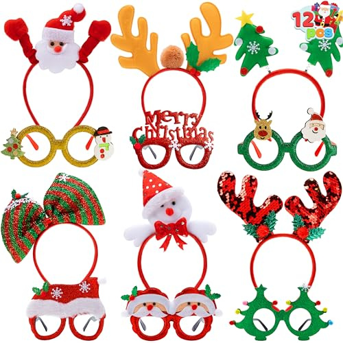JOYIN Weihnachtsstirnbänder und Brillengestelle, 12-teiliges Set, Verschiedene Designs für Weihnachtsfeierzubehör und Gastgeschenke (Einheitsgröße)