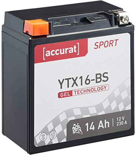 Accurat Motorradbatterie YTX16-BS - 12V, 14Ah, 230A, zyklenfest, wartungsfrei, Gel - Starterbatterie, Batterie in Erstausrüsterqualität für Rasentraktor, Roller, Motorrad, Quad