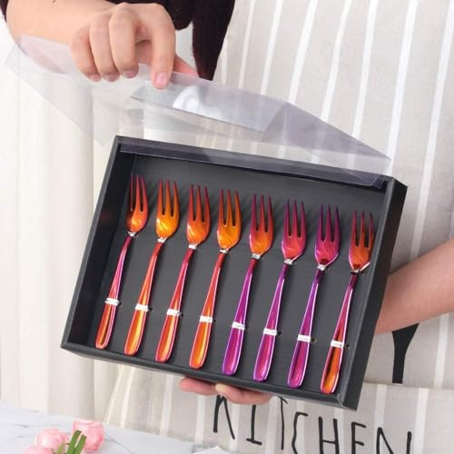 YDware Kuchengabeln, 18/10 Edelstahl Kuchengabeln Regenbogen Rot Früchte Gabeln Set von 8 Stück, 14 cm kleine Salatgabeln Vorspeisen Gabeln mit schwarzer Geschenkbox, spülmaschinenfest
