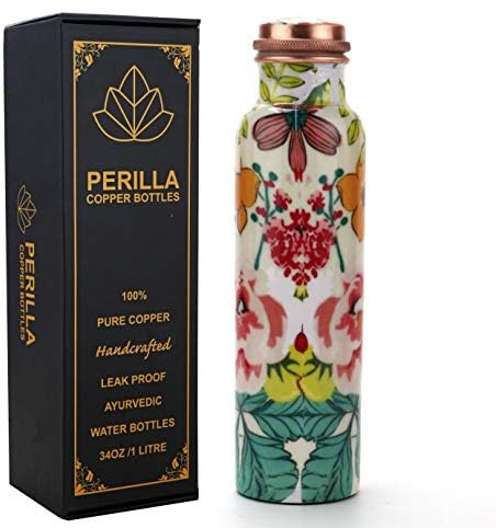 Perilla Home Bedruckte Kupfer-Wasserflasche, 963 ml, 100% reines ayurvedisches Kupfergefäß mit Deckel, trinken Sie mehr Wasser und genießen Sie sofort gesundheitliche Vorteile/Yoga-Flasche