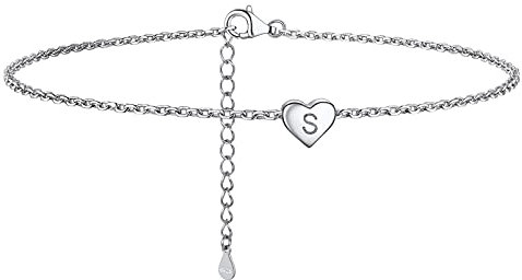 PROSILVER Damen Knöchelkette 925er Silber Buchstabe S Herz Charm-Fußkettchen 22+5cm Rolokette Fusskettchen mit Initiale schlichte Fußarmband Fußschmuck Accessoire für Frauen Mädchen