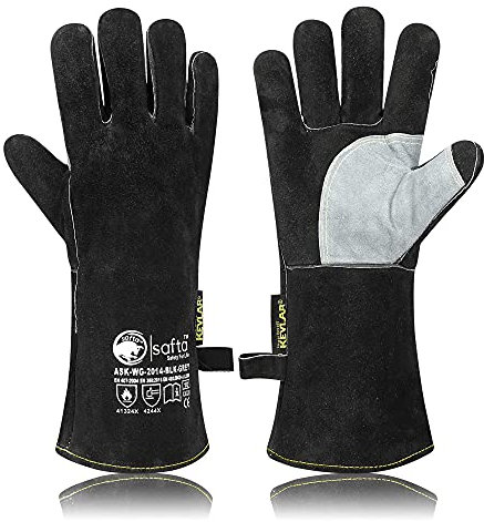 SAFTA Extreme Heat Resistant Gloves, Welding Gloves, Fire Heat Resistant Black 14INCHES, Fireproof Leather For Stick Mig Welder Forge Blacksmith Fireplace Wood Stove Fire. (Red Black) (Black/Grey)