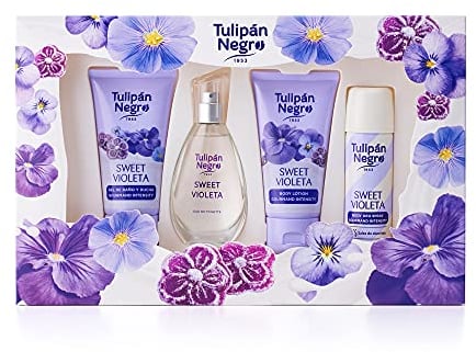 Tulipán Negro - Sweet Violeta, Estuche de Regalo Unisex, Colonia 50 ml + Loción Corporal 75 ml + Gel de Baño 75 ml + Desodorante Spray 50 ml, Fragancia Dulce y Floral de Larga Duración