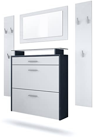 Vladon Garderobe Malea, Garderobenset bestehend aus 1 Hängeschuhschrank, 1 Wandspiegel und 2 Garderobenpaneele, Anthrazit matt/Weiß matt