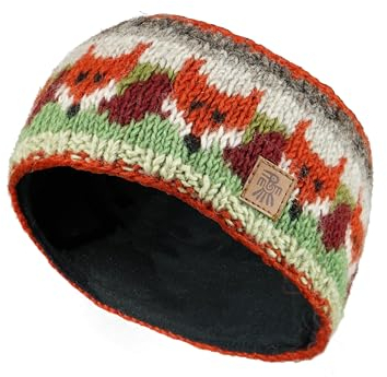 Pachamama Women Wool Ear Warmer Headband Fleece Lined Handknitted Fox Multicoloured One-Size Handmade Fair Trade
