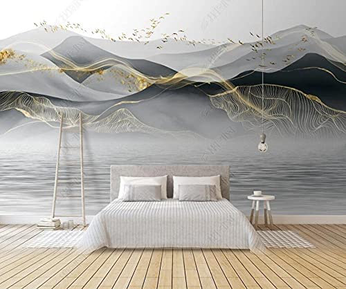 QEETapete Papier Peint Panoramique Montagnes Sommets Et Rivières Oiseaux Volants Dorés Papier Peint Nature Intissé Murale Chambre Salon,350x250cm