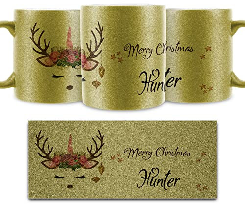 Personalised Mug and Belgian Milk Chocolate/Hot Chocolate Stirrer Marshmallow Gift Set Customised with Ceramic 11oz Gold, Silver, Blue, Pink Glitter Mug with Pink Flower Deer Design, Christmas Mug